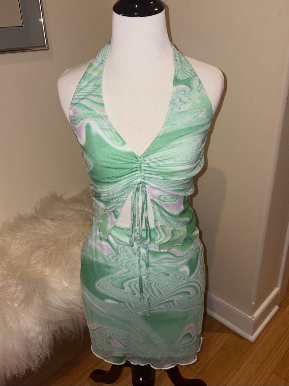 2 Piece Coord Set Mesh Halter Ruched Crop Top With Mint Skirt in Swirl Pattern